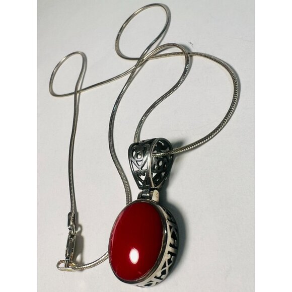 Vtg Silpada 925 Oval Red Cabochon Filigree Pendant Necklace Silver Snake Chain - Picture 2 of 5
